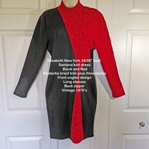Elizabeth New York 34/36" bust Santana knit dress Black/Red, Soutache braid trim